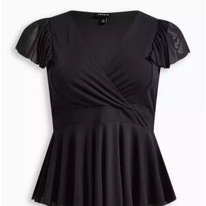 NWT Torrid Black Stretch Mesh Surplice Ruffle Sleeve Blouse